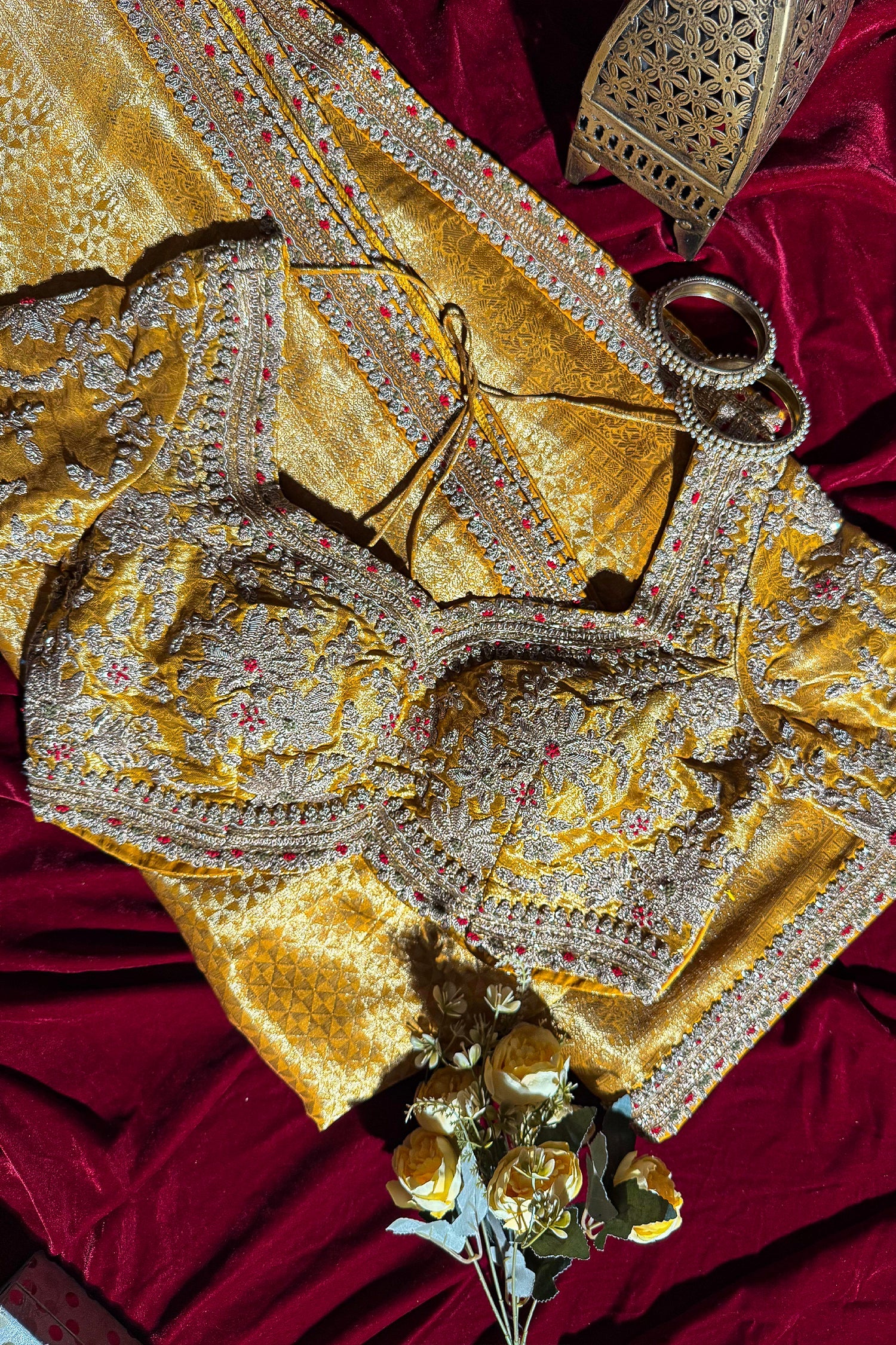 Yellow Dola Silk Woven Saree with Designer Zardosi Worked Readymade Blouse - yellow silk saree