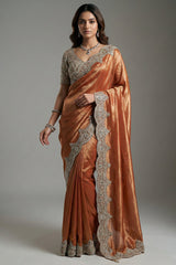 Rust Orange and Golden Two Toned Kanchipuram Viscose Silk Designer Saree with Readymade Blouse