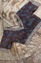 Golden Tissue Silk Mirror Applique and Cutdana Worked Saree with Ajrakh Printed Readymade Blouse - gold silk saree