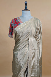 Golden Tissue Silk Mirror Applique and Cutdana Worked Saree with Ajrakh Printed Readymade Blouse - gold silk saree