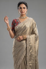 Golden Tissue Silk Mirror Applique and Cutdana Worked Saree with Ajrakh Printed Readymade Blouse