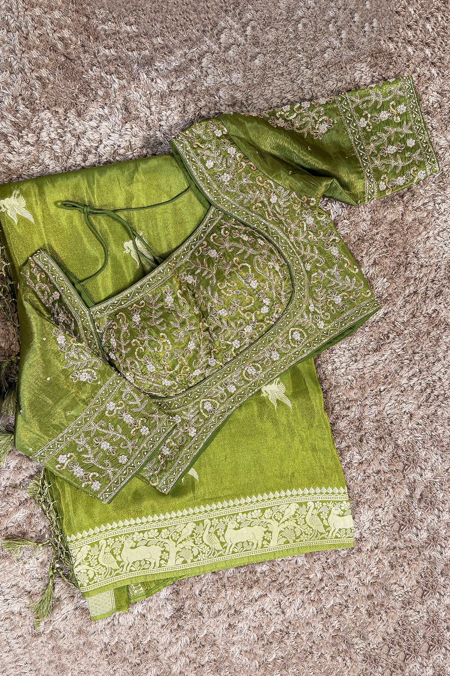 Olive Green Dola Tissue Silk Woven Saree with Readymade Blouse - green silk saree