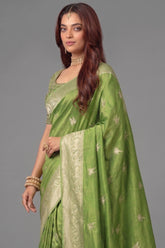 Olive Green Dola Tissue Silk Woven Saree with Readymade Blouse - green silk saree