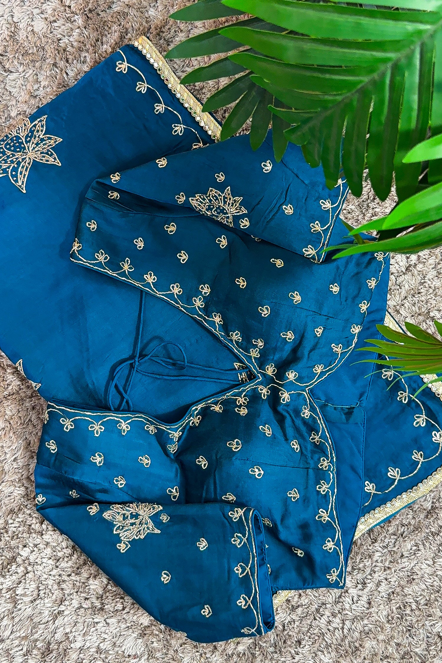 Peacock Blue Satin Silk Beads and Mirror Worked Saree with Readymade Blouse - blue silk saree