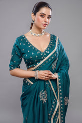 Peacock Blue Satin Silk Beads and Mirror Worked Saree with Readymade Blouse - blue silk saree