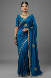 Peacock Blue Satin Silk Beads and Mirror Worked Saree with Readymade Blouse