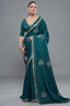 Peacock Blue Satin Silk Beads and Mirror Worked Saree with Readymade Blouse - blue silk saree