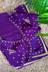 Purple Satin Silk Beads and Mirror Worked Saree with Readymade Blouse - purple silk saree