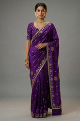 Purple Satin Silk Beads and Mirror Worked Saree with Readymade Blouse