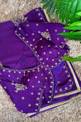 Purple Satin Silk Beads and Mirror Worked Saree with Readymade Blouse - purple silk saree