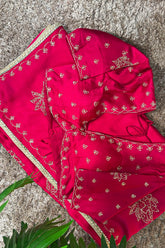 Rani Pink Satin Silk Beads and Mirror Worked Saree with Readymade Blouse - pink silk saree