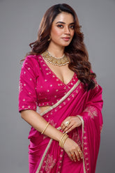 Rani Pink Satin Silk Beads and Mirror Worked Saree with Readymade Blouse - pink silk saree