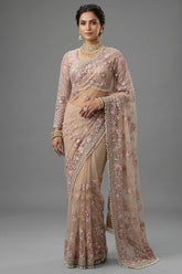 Nude Beige Net Sequin Embroidered Saree with Full Sleeve Readymade Blouse