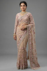 Nude Beige Net Sequin Embroidered Saree with Full Sleeve Readymade Blouse - red net saree embroidered