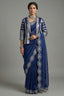 Blue Organza Solid Saree with Scalloped Zardosi Cutdana Worked Border and jacket-style Readymade Blouse - blue organza saree