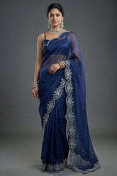 Blue Organza Solid Saree with Scalloped Zardosi Cutdana Worked Border and jacket-style Readymade Blouse - blue organza saree