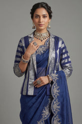 Blue Organza Solid Saree with Scalloped Zardosi Cutdana Worked Border and jacket-style Readymade Blouse - blue organza saree
