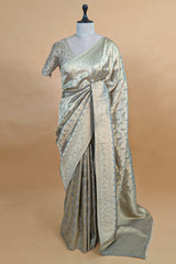 Light Grey and Golden Two Toned Moroccan Design Woven Saree with Designer Readymade Blouse - gold saree