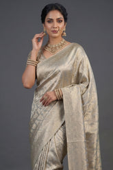 Light Grey and Golden Two Toned Moroccan Design Woven Saree with Designer Readymade Blouse - gold saree
