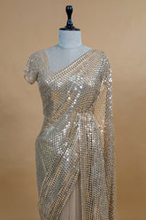 Beige Net Half and Half Designer Saree with Sequins and Cutdana Work - beige net saree