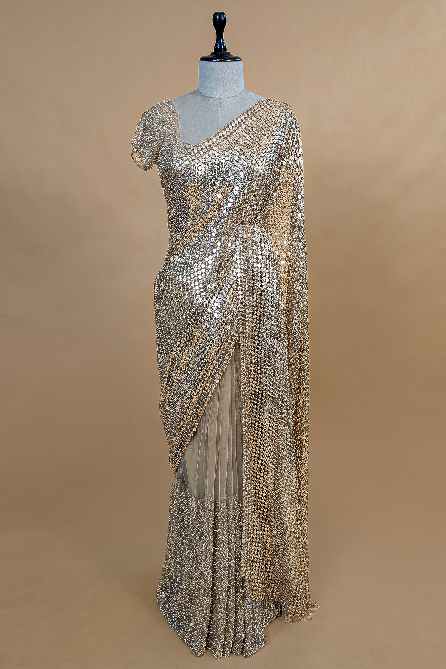 Beige Net Half and Half Designer Saree with Sequins and Cutdana Work - beige net saree