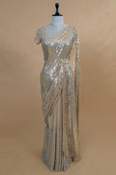 Beige Net Half and Half Designer Saree with Sequins and Cutdana Work - beige net saree