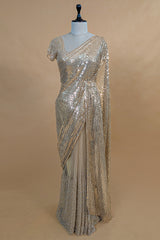 Beige Net Half and Half Designer Saree with Sequins and Cutdana Work - beige net saree