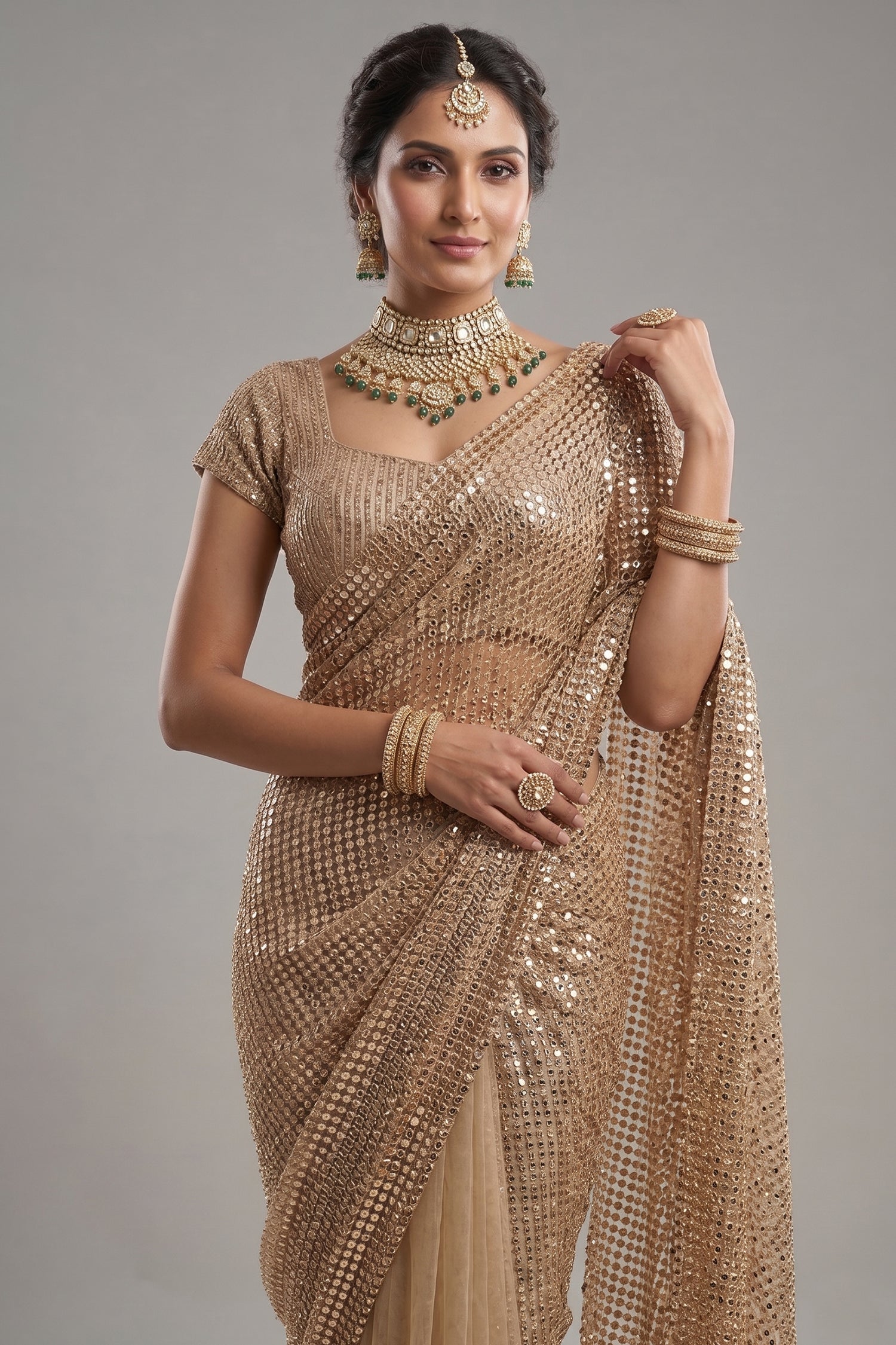 Beige Net Half and Half Designer Saree with Sequins and Cutdana Work - beige net saree