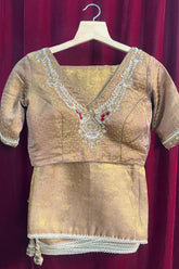 Beige and Golden Two Toned Woven Saree with Beaded V Neckline Readymade Blouse - gold saree