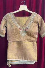 Beige and Golden Two Toned Woven Saree with Beaded V Neckline Readymade Blouse - gold saree