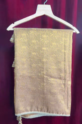 Beige and Golden Two Toned Woven Saree with Beaded V Neckline Readymade Blouse - gold saree