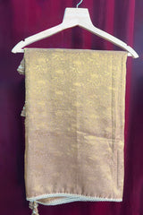 Beige and Golden Two Toned Woven Saree with Beaded V Neckline Readymade Blouse - gold saree