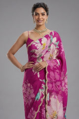 Magenta Crepe Silk Floral Printed Saree with Scallop Sequin Beaded Border