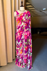 Dark Pink Chiffon Silk Floral Printed Saree with Beaded and Sequin Work On Border - pink silk saree