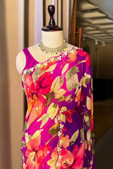 Dark Pink Chiffon Silk Floral Printed Saree with Beaded and Sequin Work On Border - pink silk saree