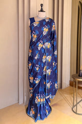 Dark Blue Crepe Silk Floral Digital Printed Saree with Beaded Cutdana Work Scallop Border - blue silk saree