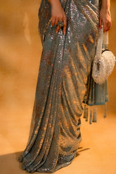 Mint Blue Lycra Net Sequinned Ready to Wear Saree with Designer Corset Blouse - blue net saree