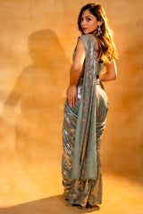 Mint Blue Lycra Net Sequinned Saree highlighting the pre-draped mermaid silhouette