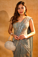 Mint Blue Lycra Net Sequinned Ready to Wear Saree with Designer Corset Blouse - blue net saree