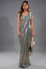 Close-up of tonal sequins and zardosi work on the Mint Blue Lycra Net Sequinned Saree