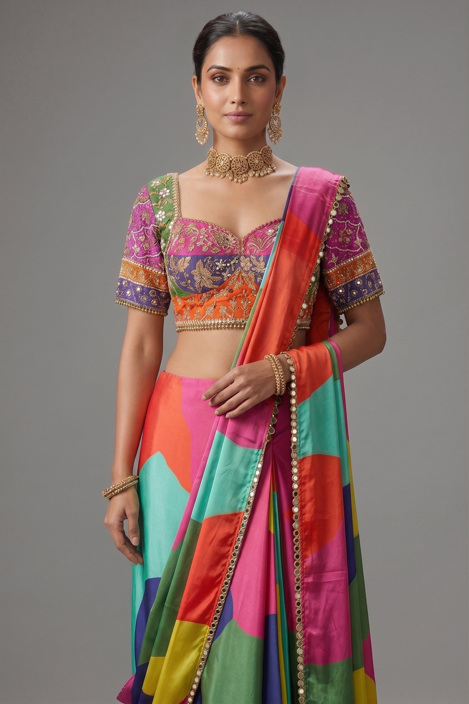 Close-up of the embellished sweetheart neckline blouse on the Multi Colored Crepe Silk Readymade Saree