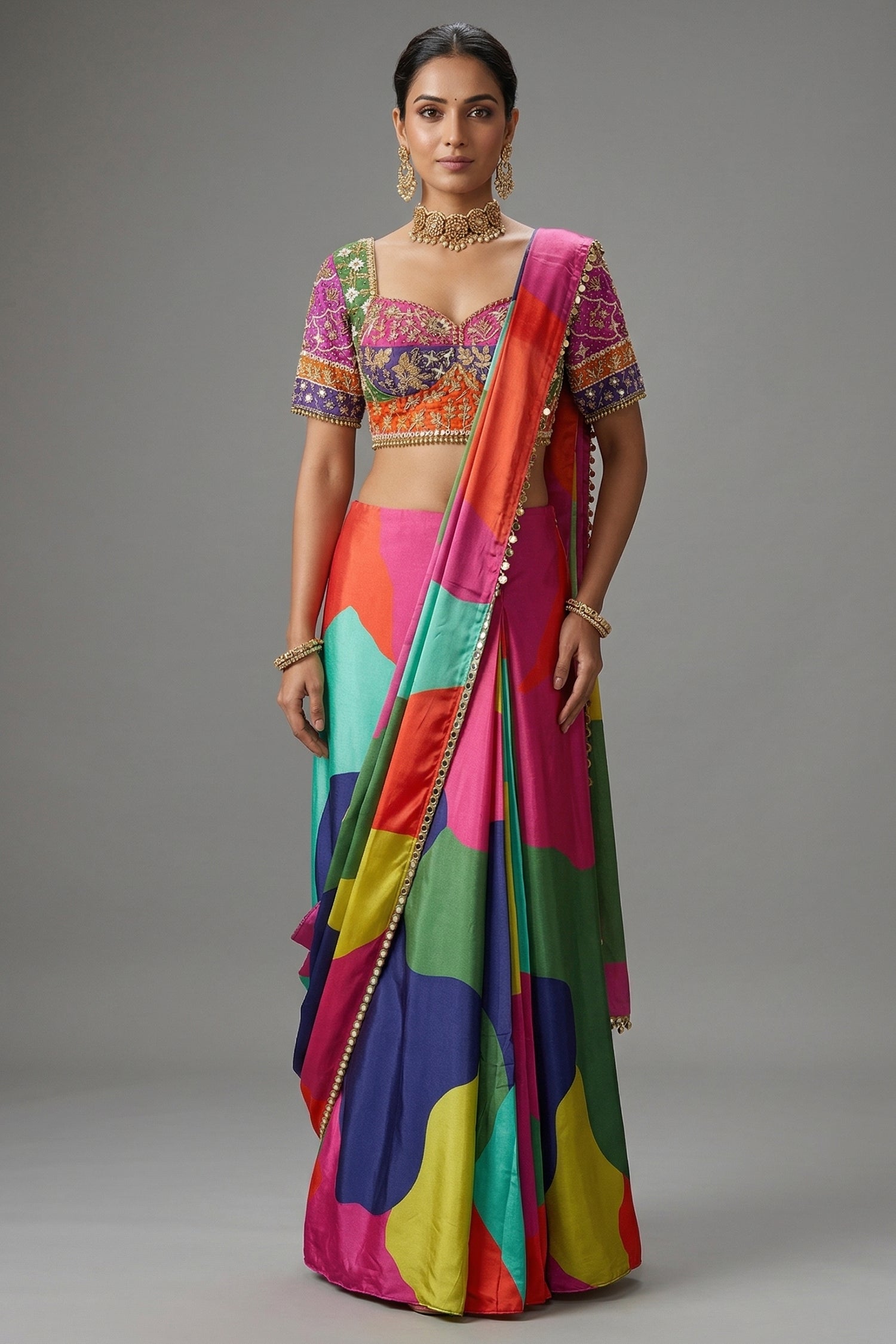 Multi Colored Crepe Silk Readymade Saree - Front View