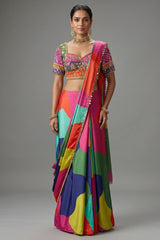 Multi Colored Crepe Silk Readymade Saree - Front View