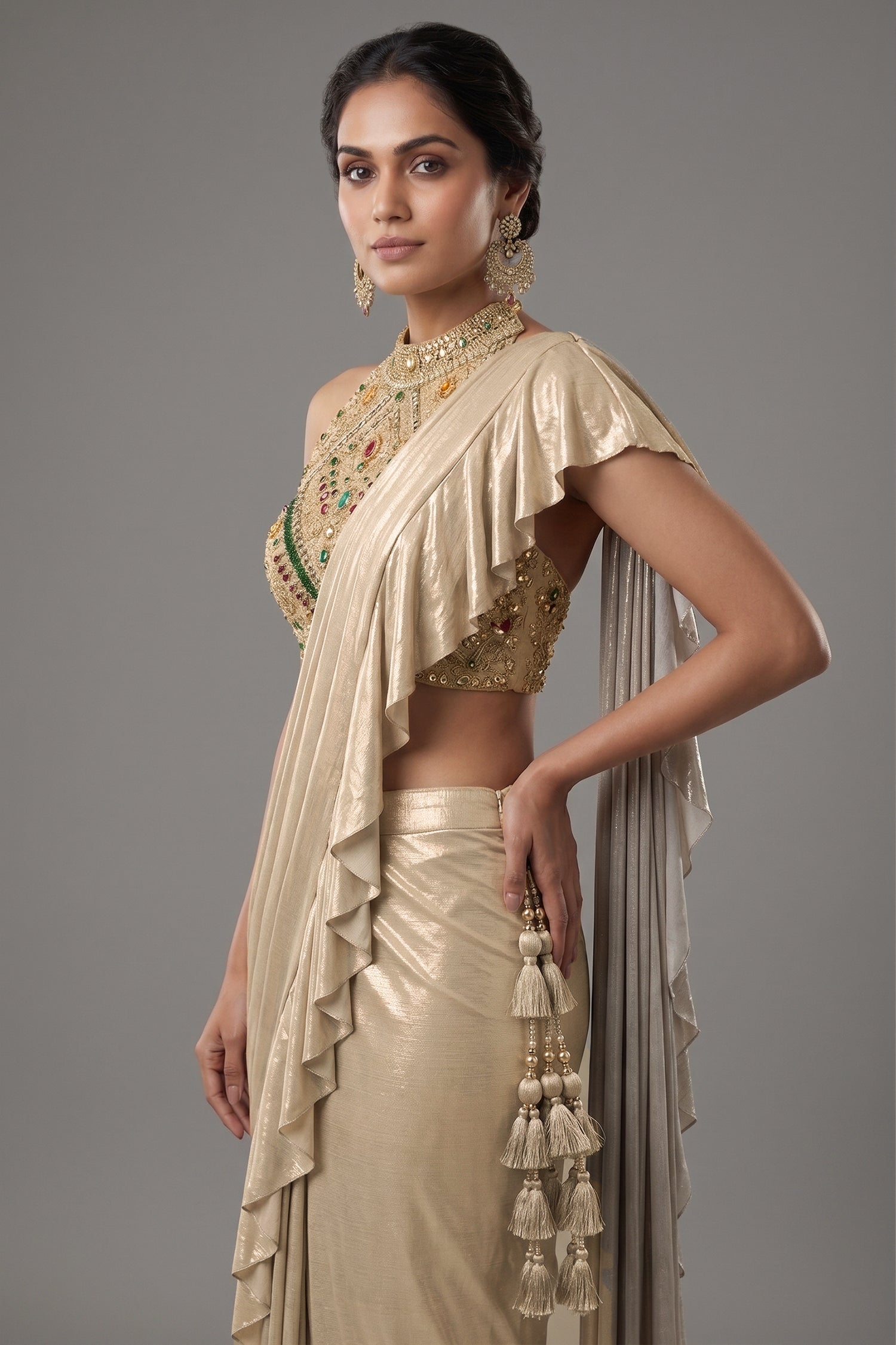 Close-up of the jewelry-inspired halter neck blouse on the Golden Imported Readymade Ruffle Saree