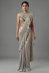 Golden Imported Readymade Ruffle Saree with Halter Neck Embellished Blouse
