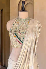 Designer Golden Imported Readymade Ruffle Saree for high-profile cocktail parties