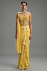 Light Yellow Crepe Satin Silk Readymade Saree with Cutdana Bead Work Corset