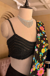 Black Crepe Satin Silk Floral Embroidered Readymade Saree highlighting the pre-stitched liquid-like drape
