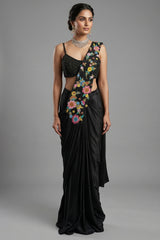 Black Crepe Satin Silk Floral Embroidered Readymade Saree - Front View