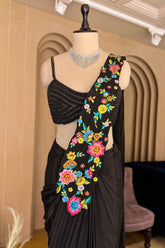 Designer Black Crepe Satin Silk Floral Embroidered Readymade Saree for cocktail galas and upscale receptions